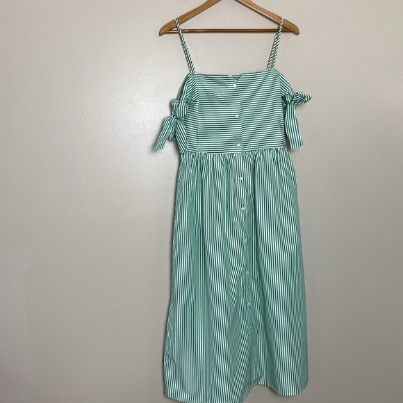 English Factory Tie Sleeve Bow Bardot Dress Striped Green and White Size M - Picture 4 of 16